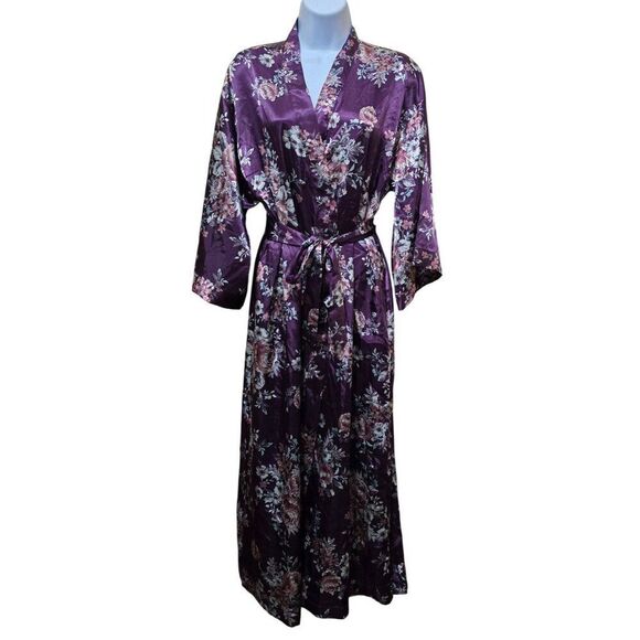 Floral Satin Kimono Robe With Waist Tie Purple & Pink Womens Medium fairycore - Picture 2 of 10